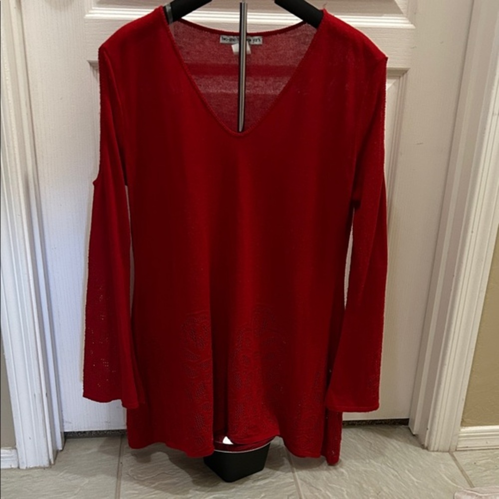 Elegant Red V-Neck cold-shoulder bell sleeve lace detail Tunic Sweater